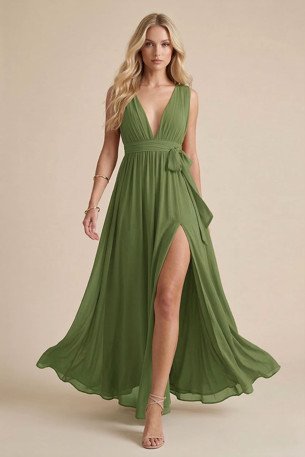 Juniper Green Bridesmaid Dress V-Neck Maxi