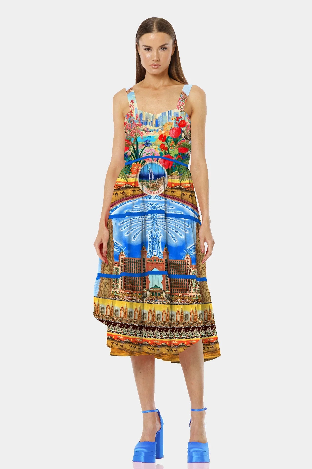 S Sleeveless Midi Blue Dress