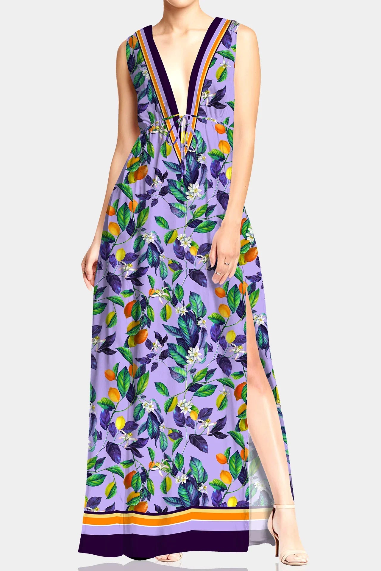 lavender print maxi dress S Lavender Capri Print Deep V Neck Maxi Dress with Slit