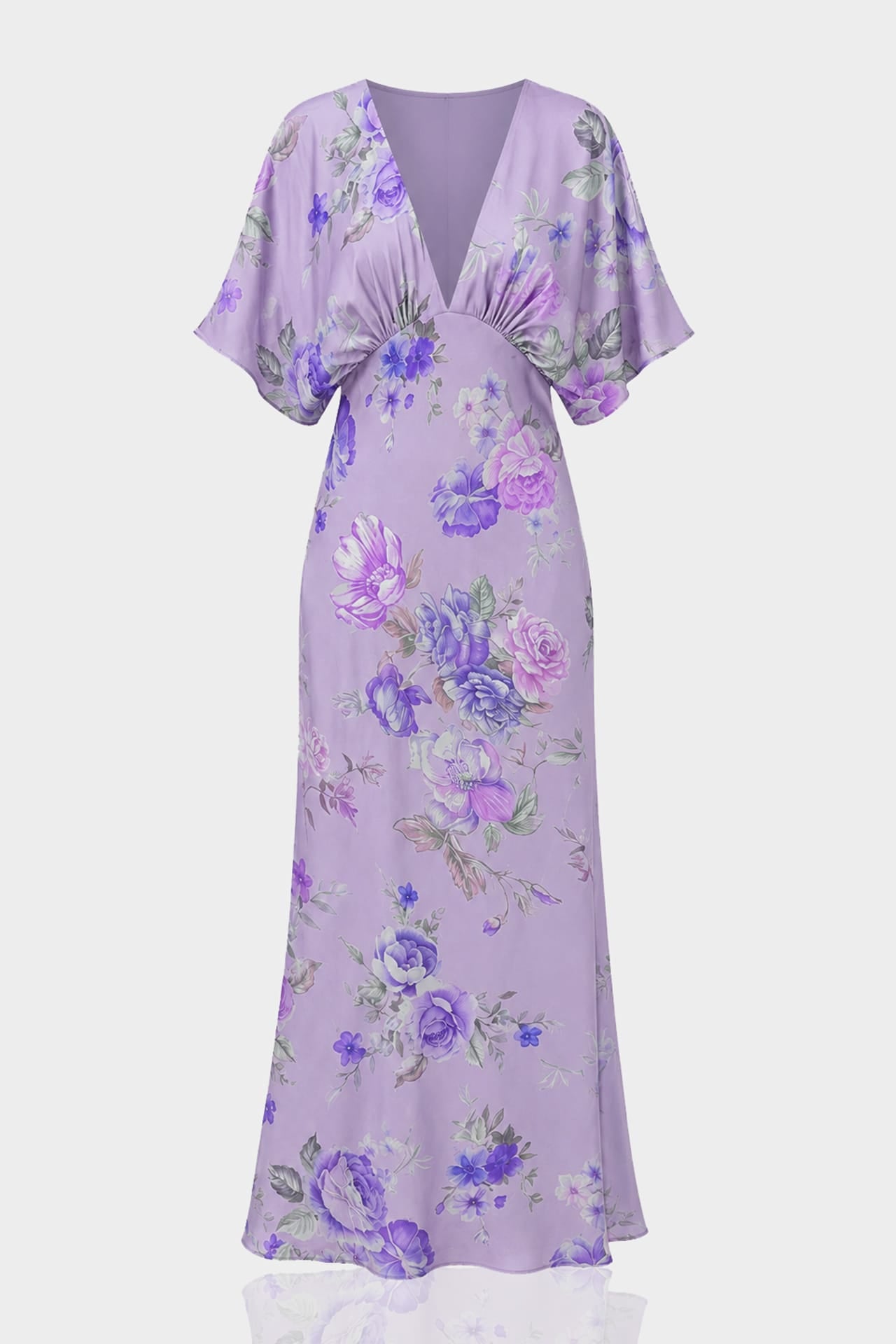 Standard / XS Lavender V-Neck Floral Satin Bridesmaid Dress with Flutter Sleeves