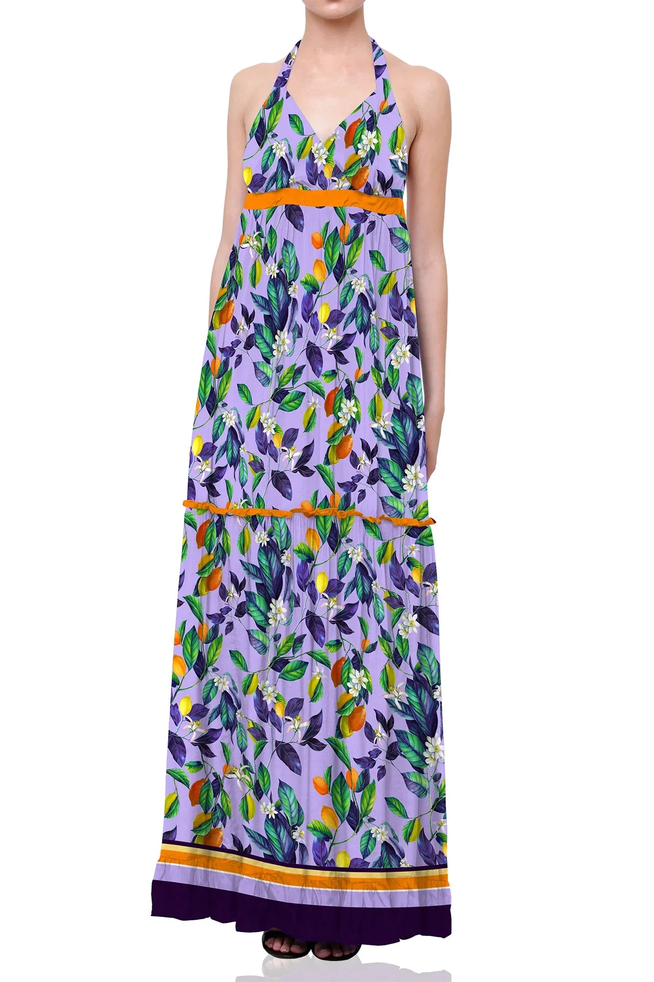S Lavender Mediterranean Lemon Print Halter Neck Maxi Dress
