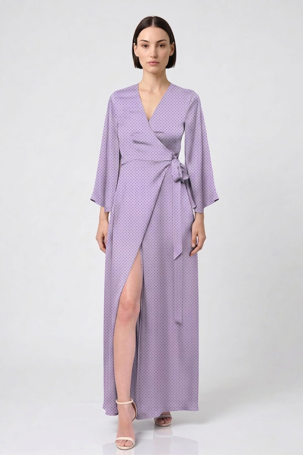 lavender maxi dress with sleeves Lavender Polka Dot Satin Wrap Dress