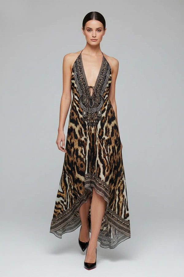 chinese dress ladies Leopard Print Cowl Neck Halter Maxi Dress Leopard / Large