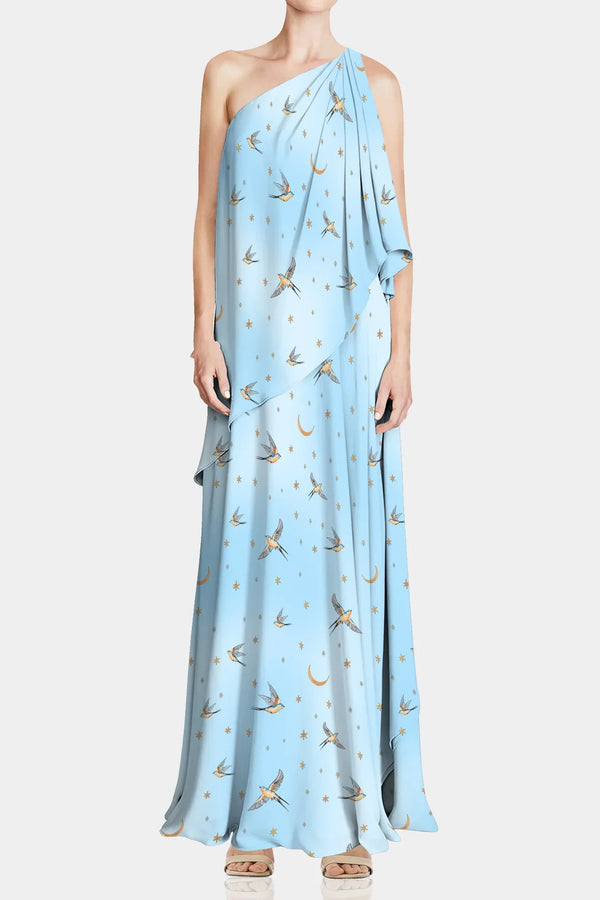 one shoulder summer dresses S Sky Blue One Shoulder Maxi Dress- Long Maxi dress for summer