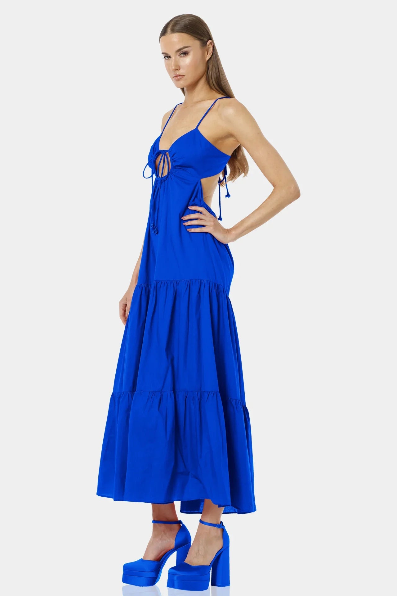 ladies blue summer dresses S Blue Tiered Dress Maxi