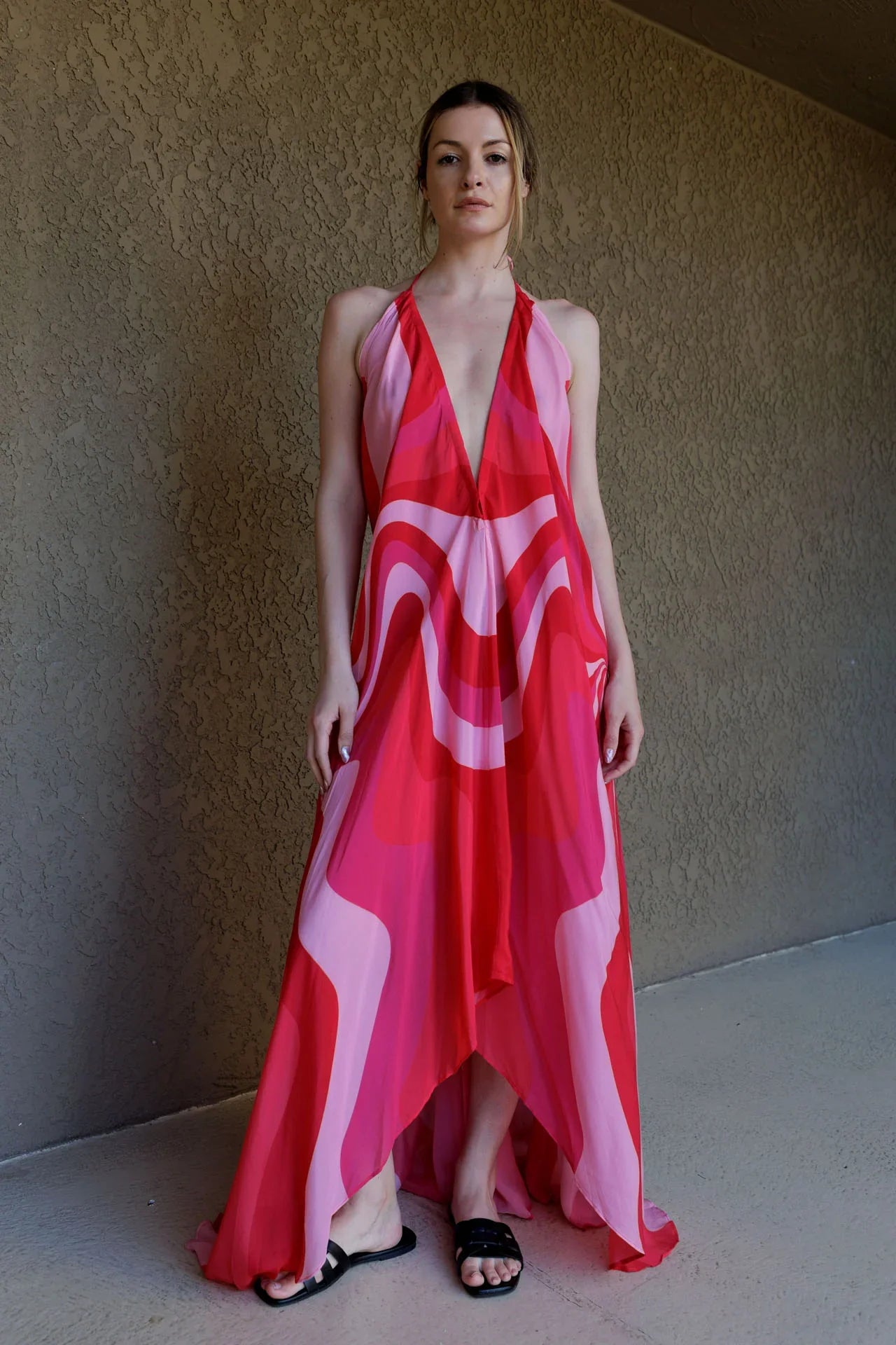 One Size Fuchsia Abstract Print Scarf Maxi Dress