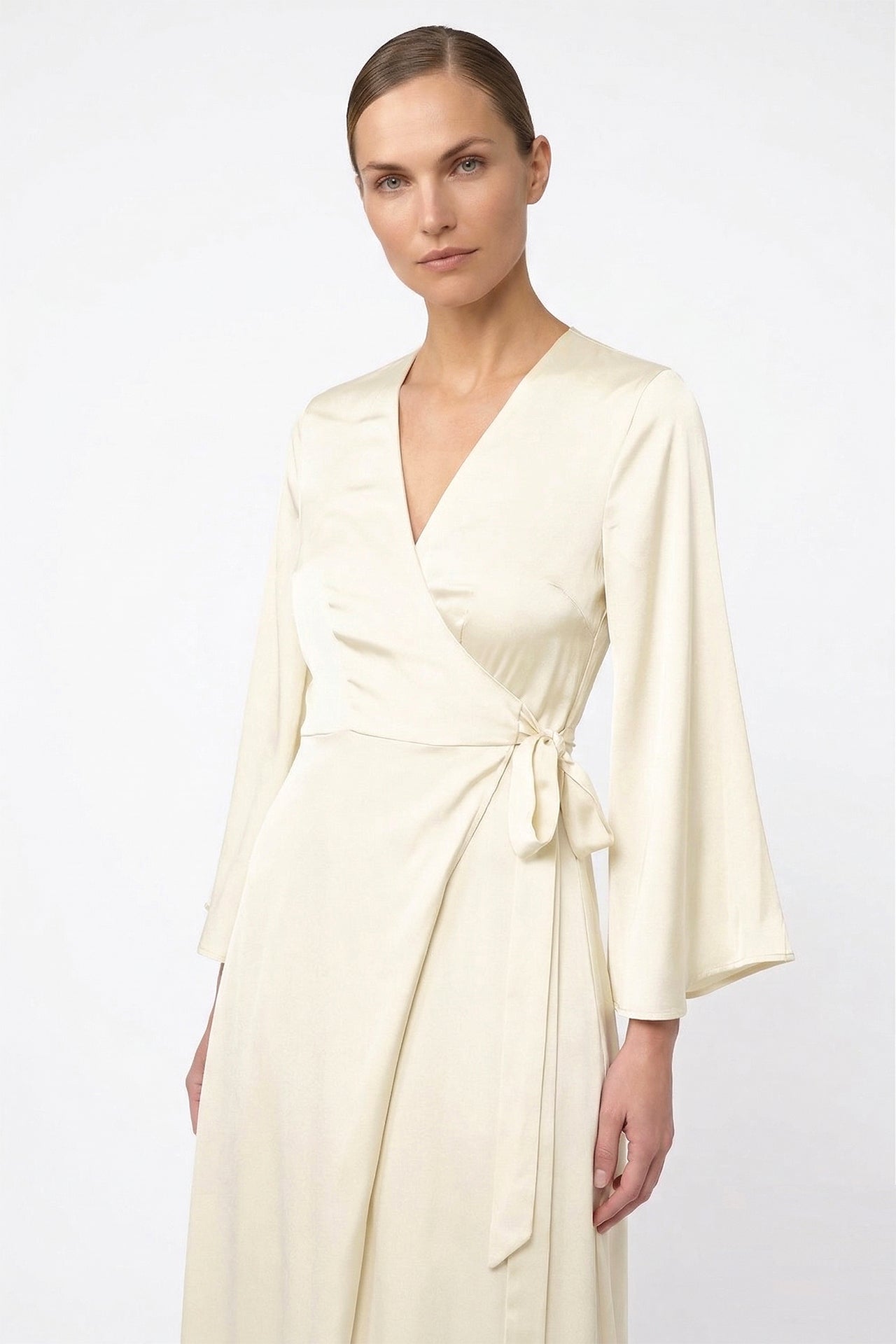 Ivory Satin Wrap Maxi Bridesmaid Dress