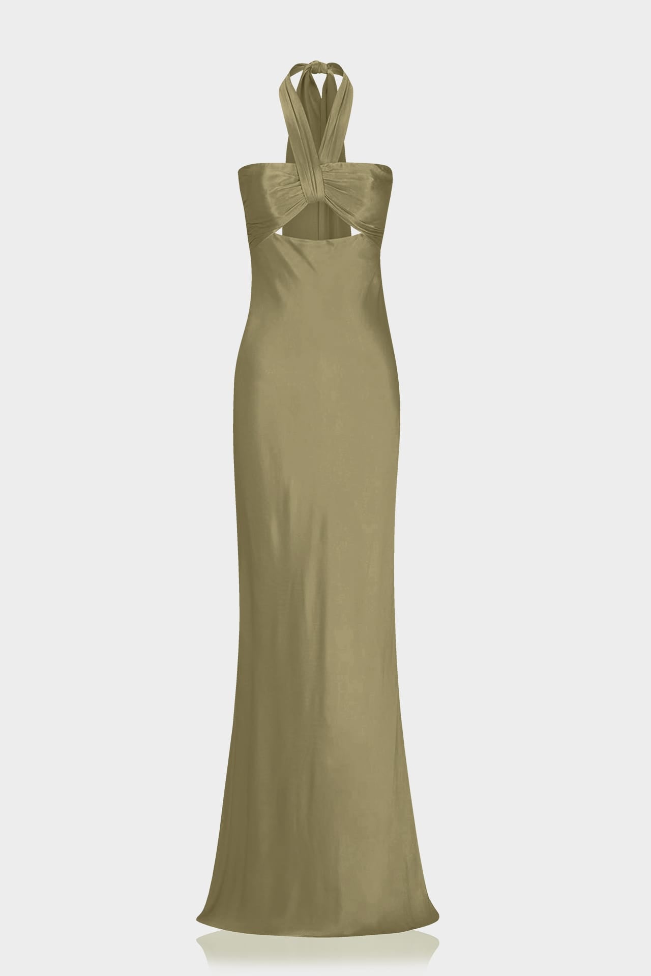 S Premium Olive Matte Satin Halter Maxi Dress for Women
