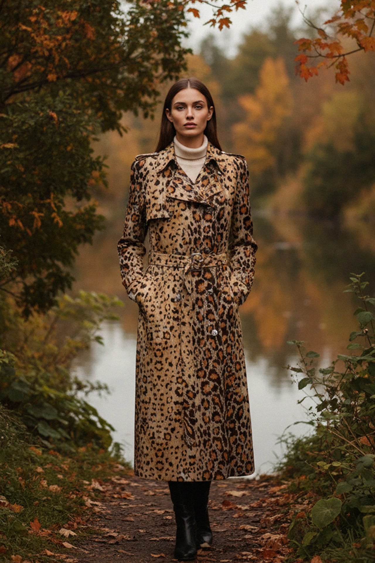 Beige Leopard Print Long Trench Coat For Women – Shahida Parides