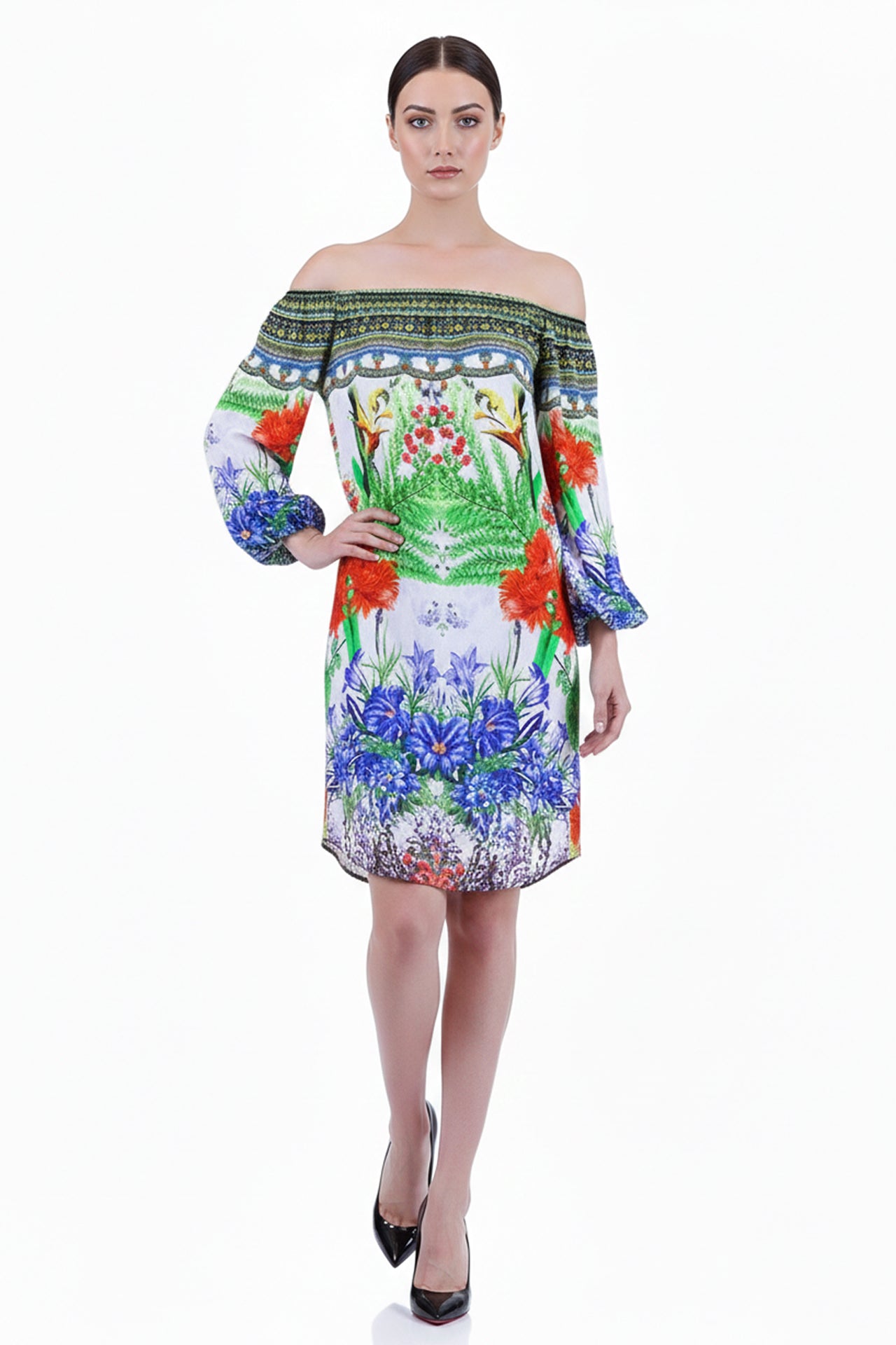 shift dress off the shoulder Small Green Envy Print Color:CRYSTAL BLUE HO The off Women's Dark brown Long-Sleeved x-styleCode:25SS5397