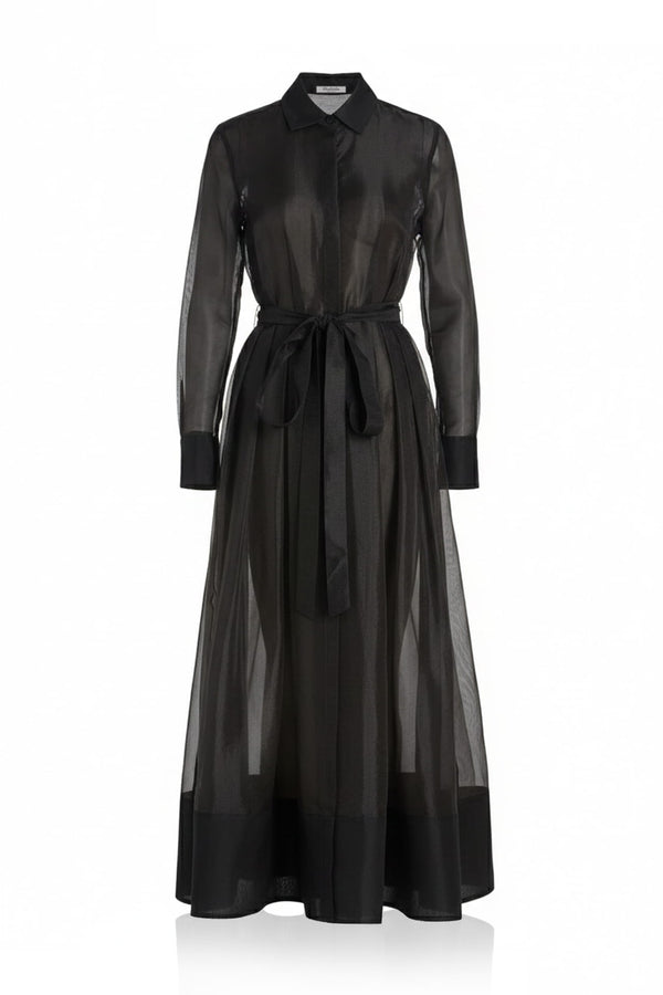 S Midnight Black Sheer Silk Organza Belted Shirt Dress