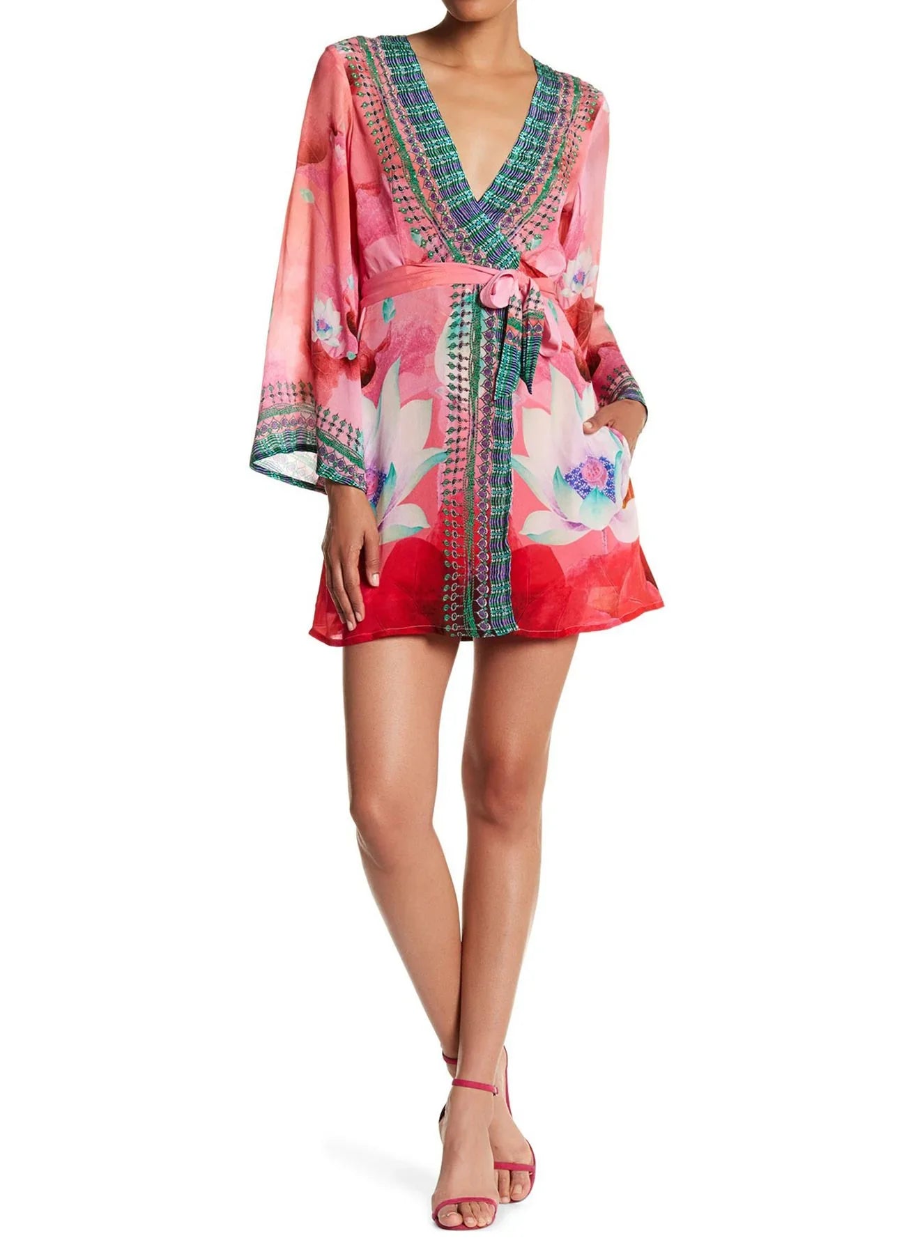 S - M Short Floral Belted Wrap Dress in silk with Waist Tie S - M Short Floral Belted Wrap Dress in silk with Waist Tie