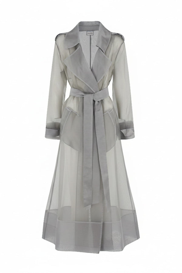maxi dress with trench coat S Grey Sheer Silk Trench Coat – Lightweight designer Sheer Trench Coat