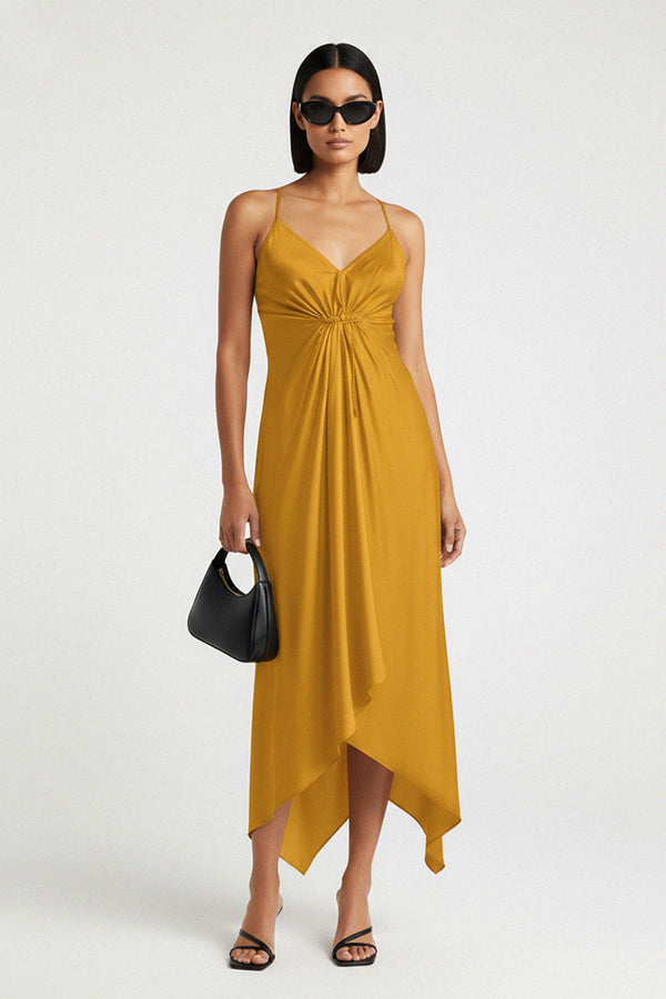 midi handkerchief dress Mustard Gathered Waist Midi Handkerchief Dress