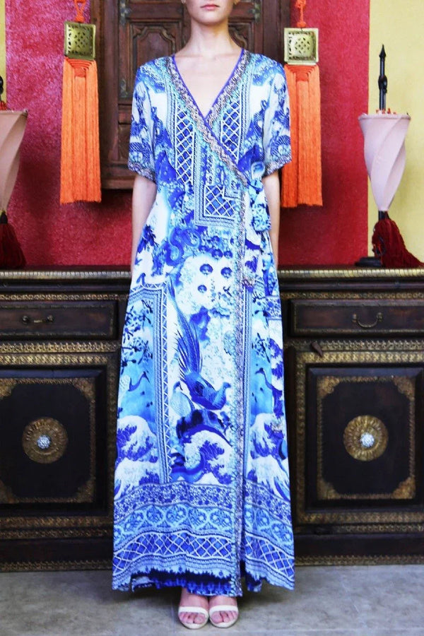 S - M Long Blue Wrap Dress Maxi S - M Long Blue Wrap Dress Maxi