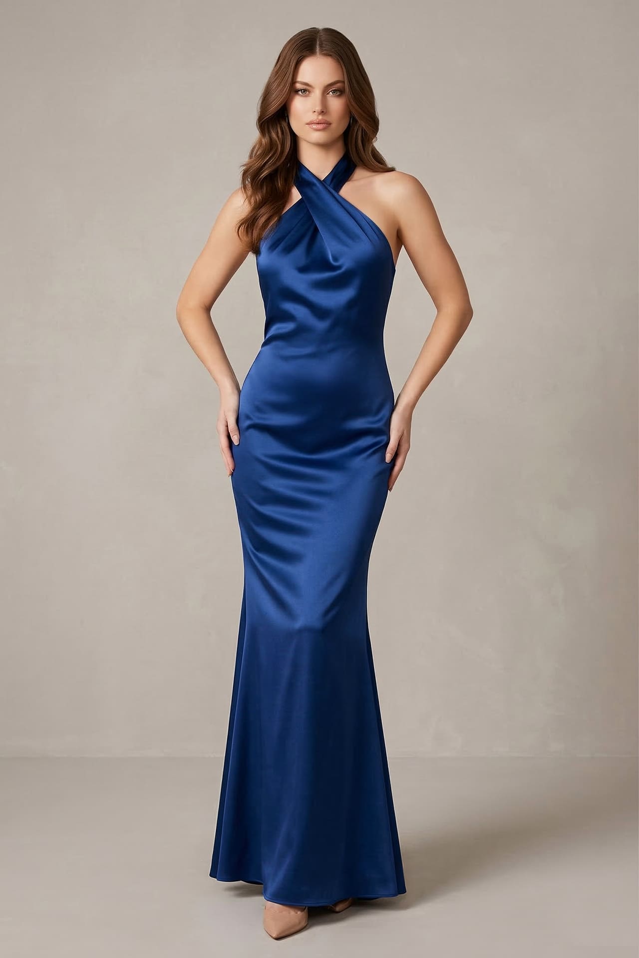 slim fit dress slacks Navy Halter Neck Maxi Dress with Embroidered Top main image 1