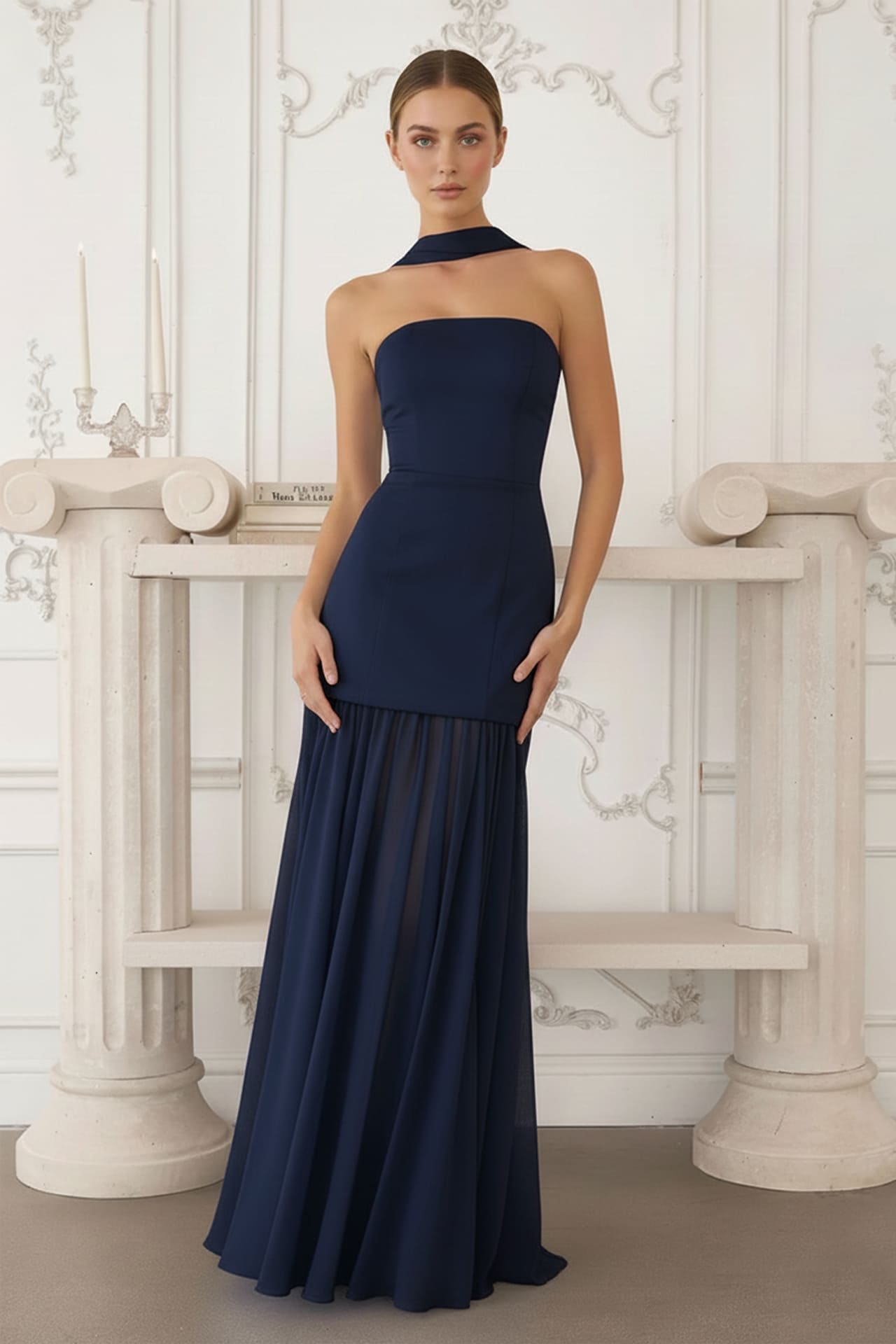 navy strapless satin dress Azazie Wren