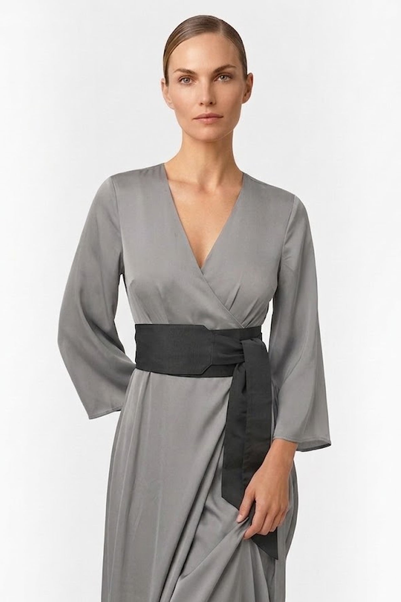S Grey Satin Wrap Maxi Dress Bridesmaid & Garden Wedding Guest Dress S Grey Satin Wrap Maxi Dress Bridesmaid & Garden Wedding Guest Dress