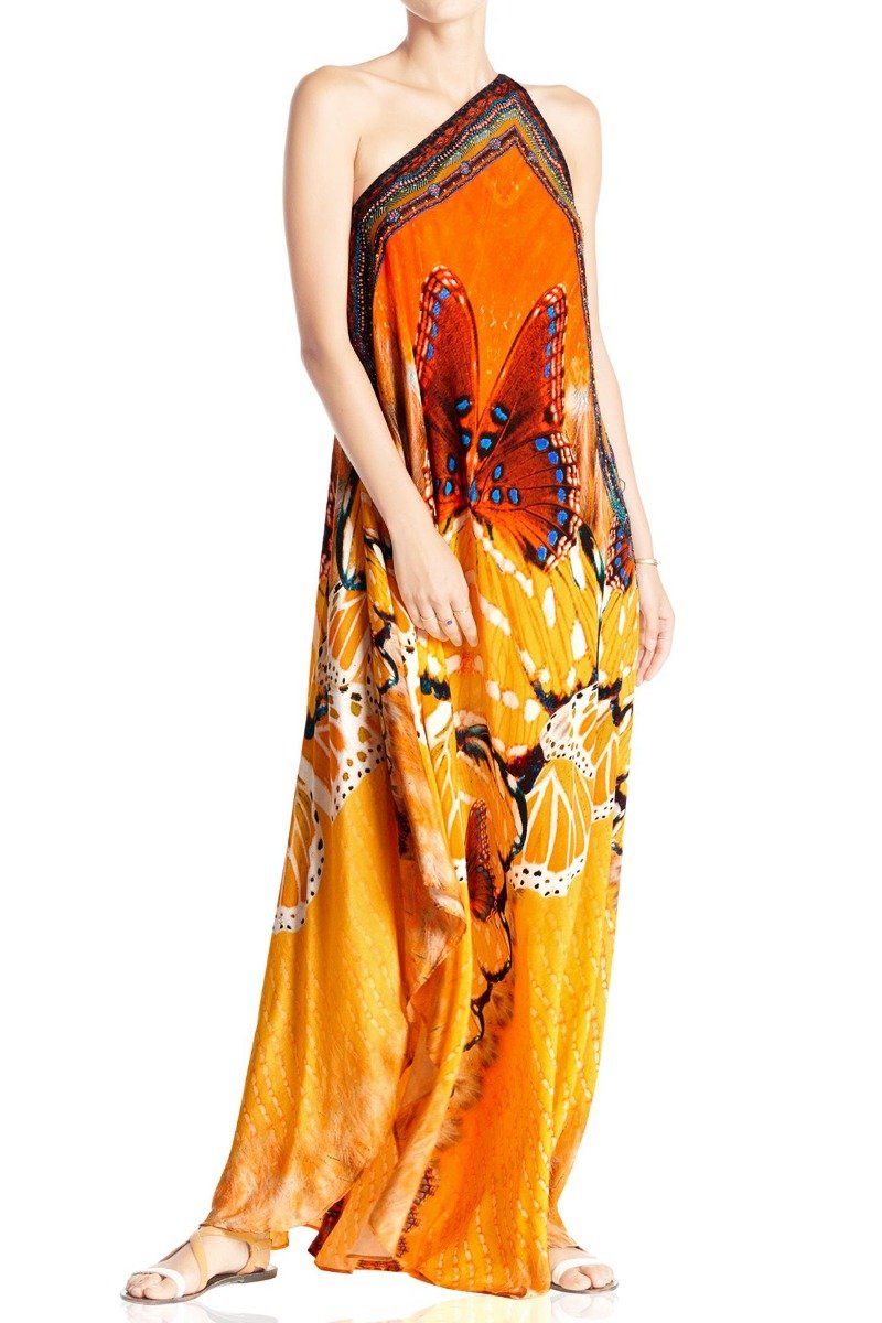  orange satin maxi dress, formal dresses for women, Shahida Parides, plunging neckline cocktail dress,