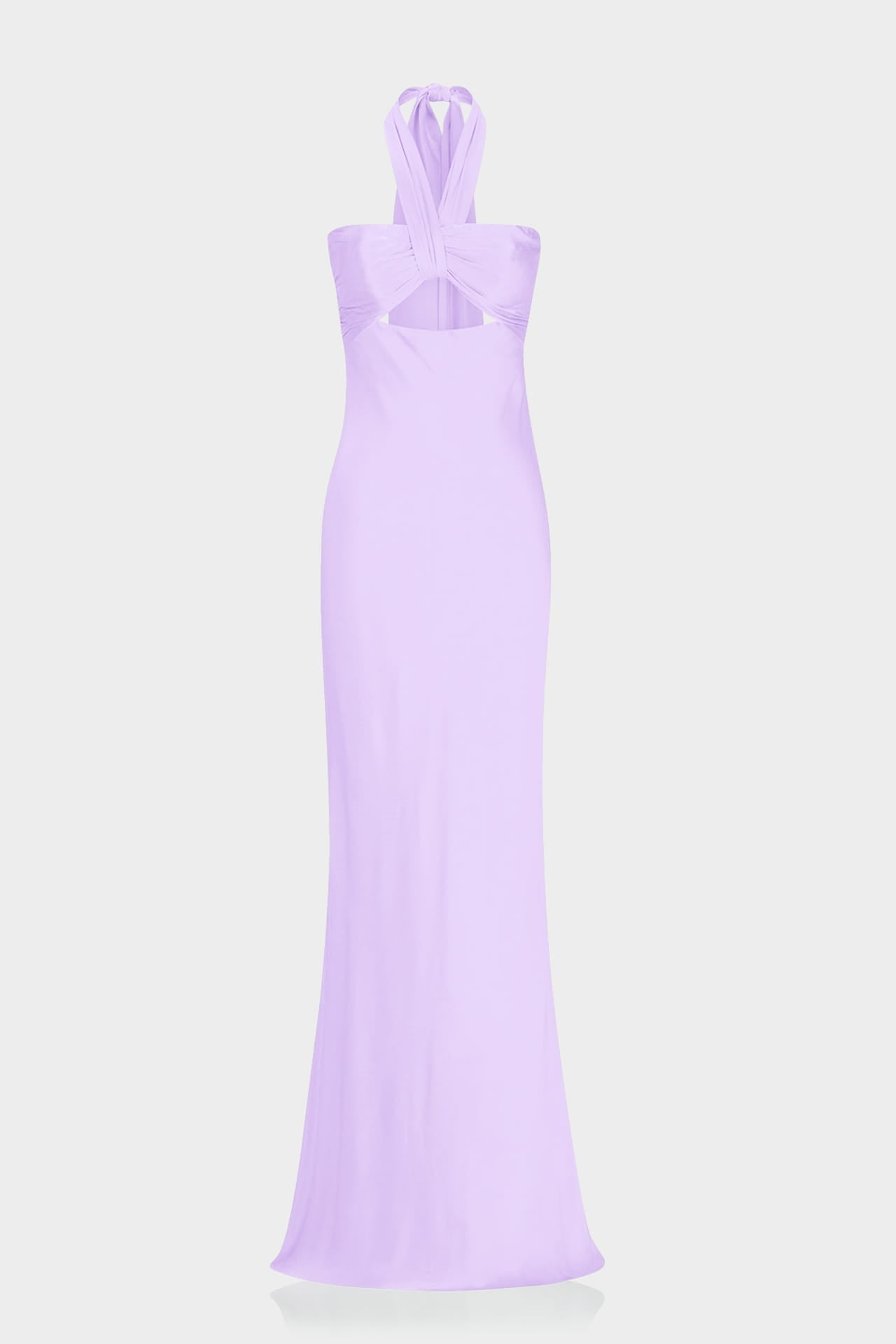 S Luxury Lilac Matte Satin Halter Maxi Dress with Twist Front & Front Cut Out