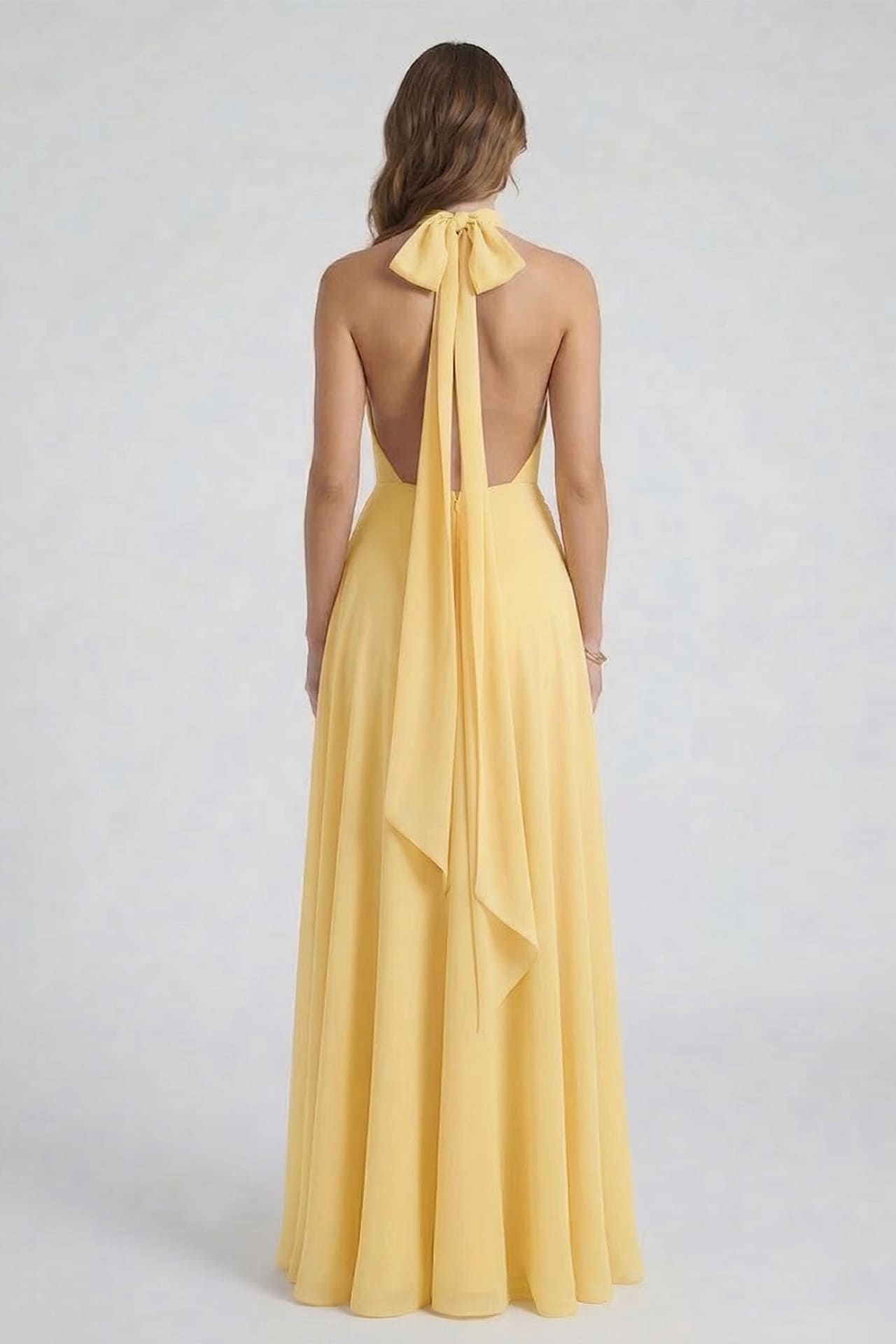 S Butter Yellow Chiffon V-Neck Bridesmaid Maxi Dress with Side Slit