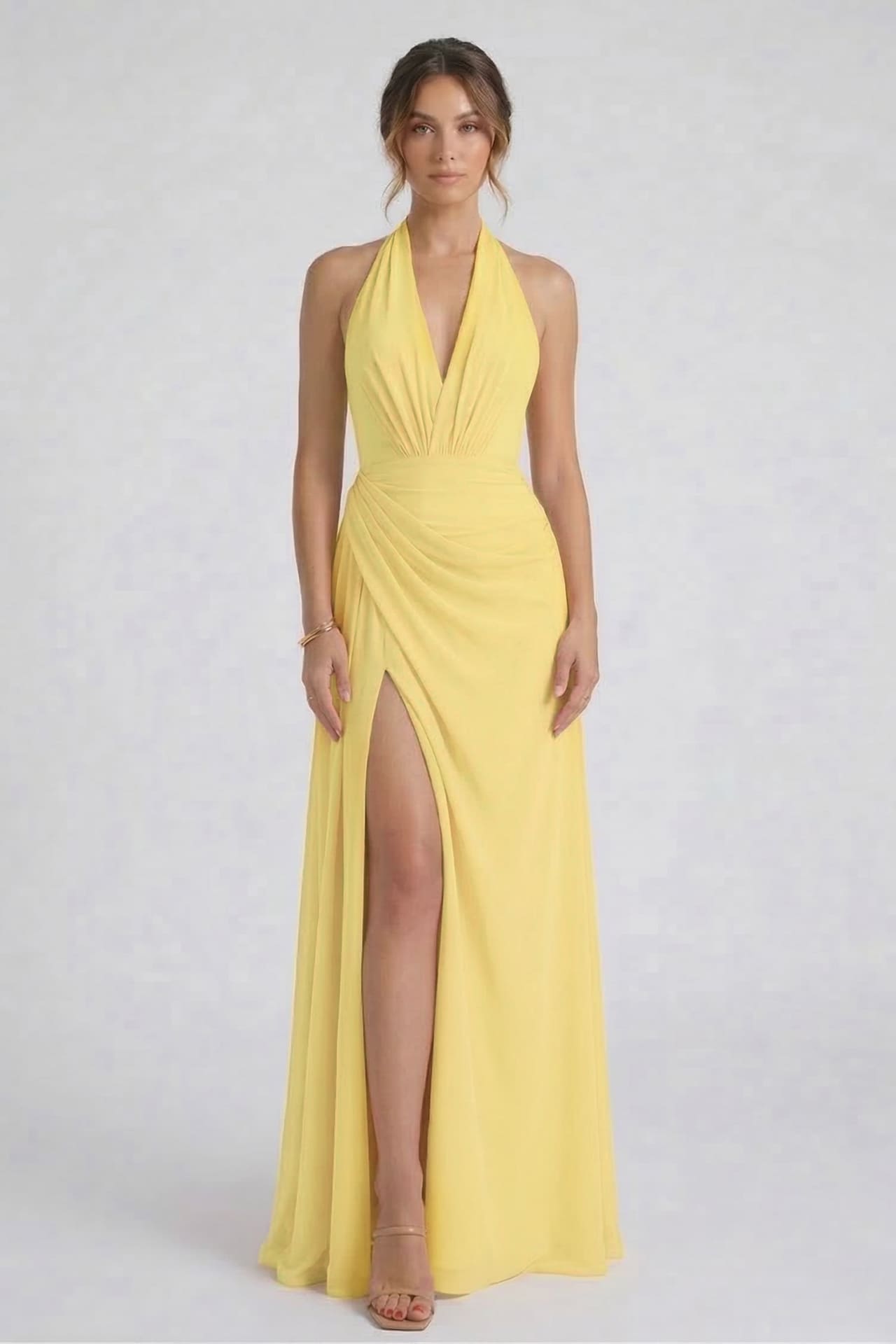 S Butter Yellow Chiffon V-Neck Bridesmaid Maxi Dress with Side Slit