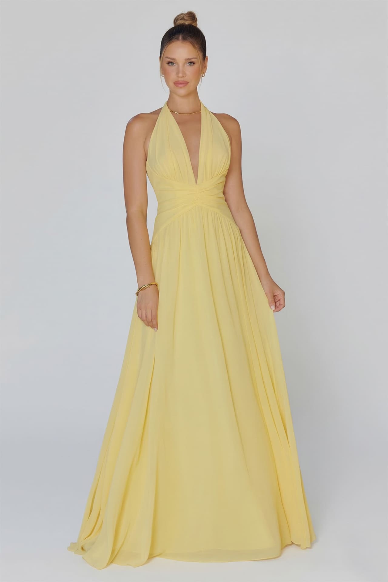 S Pale Yellow V-Neck Chiffon Fit and Flare Bridesmaid Maxi Dress S Pale Yellow V-Neck Chiffon Fit and Flare Bridesmaid Maxi Dress