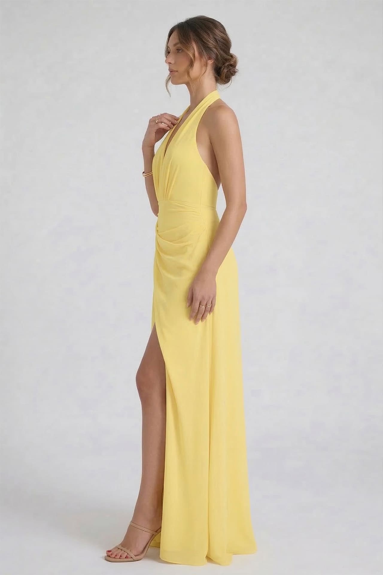 S Butter Yellow Chiffon V-Neck Bridesmaid Maxi Dress with Side Slit