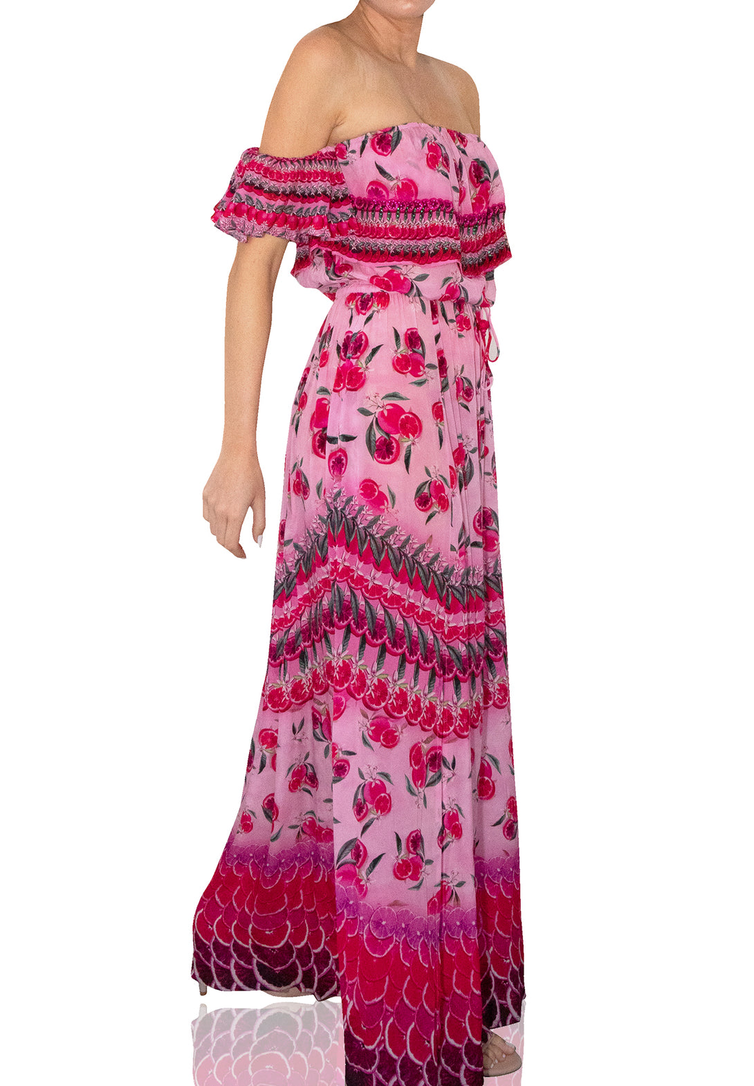  fuschia dress, off the shoulder floral dress, long flowy dresses, Shahida Parides,