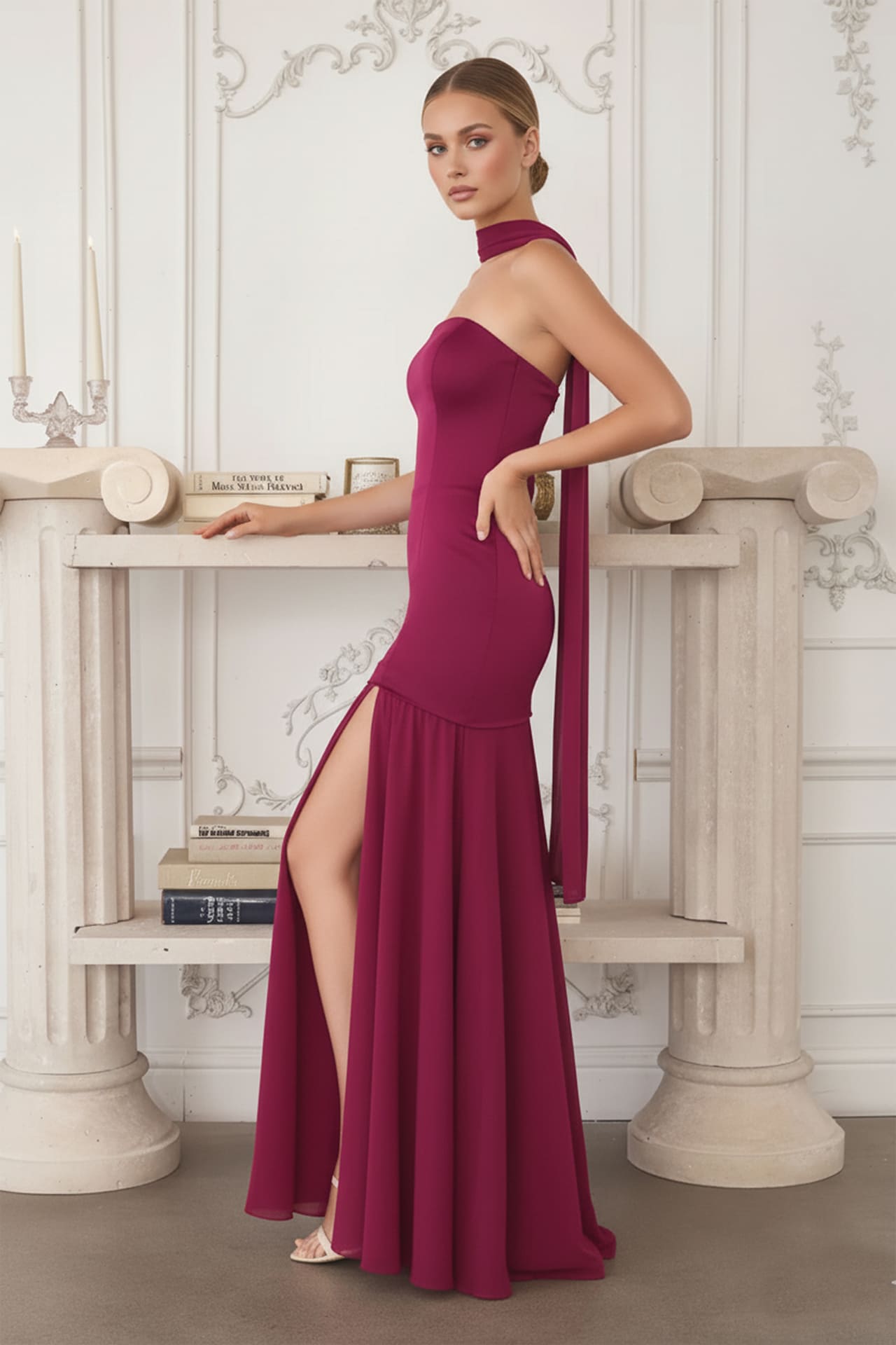 plum strapless bridesmaid dresses Dark Burgundy Satin Bridesmaid Dresses Strapless Split – Lisposa main image 0