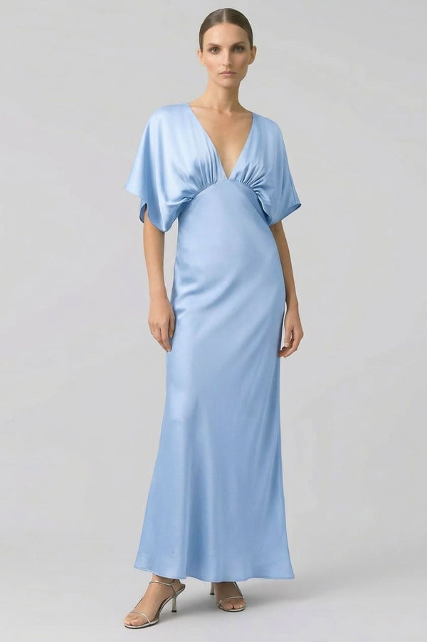 powder blue dresses for women Standard / XS Powder Blue Deep V Neck Flutter Sleeve Satin Maxi Bridesmaid Gown
