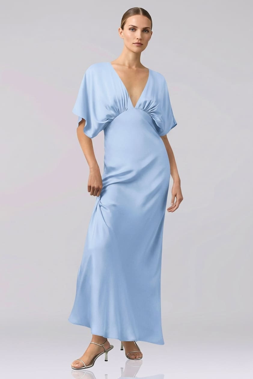 Standard / XS Powder Blue Deep V Neck Flutter Sleeve Satin Maxi Bridesmaid Gown Standard / XS Powder Blue Deep V Neck Flutter Sleeve Satin Maxi Bridesmaid Gown