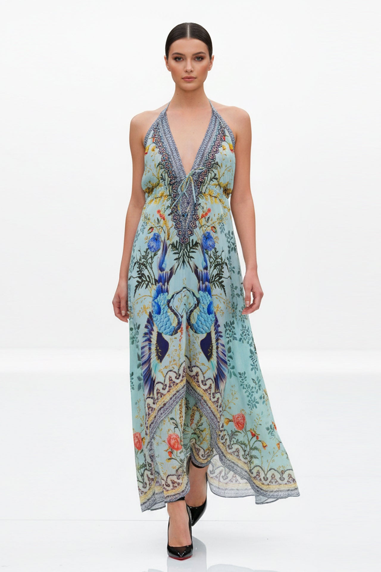 bohemian peacock dress long beach dresses for women Sexy Deep V Neck Peacock Print Beach Dress Long Sleeve Casual Boho Women Dress-parroquiadesanalbertomagno.com