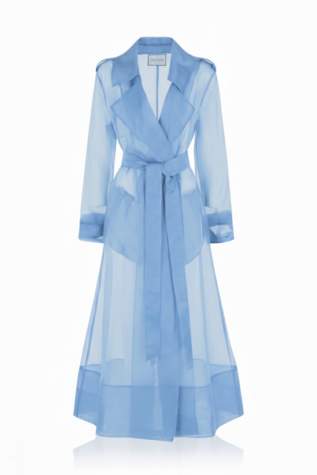 maxi dress with trench coat Powder Blue Sheer Silk Organza Trench Coat-sheer coat for layering