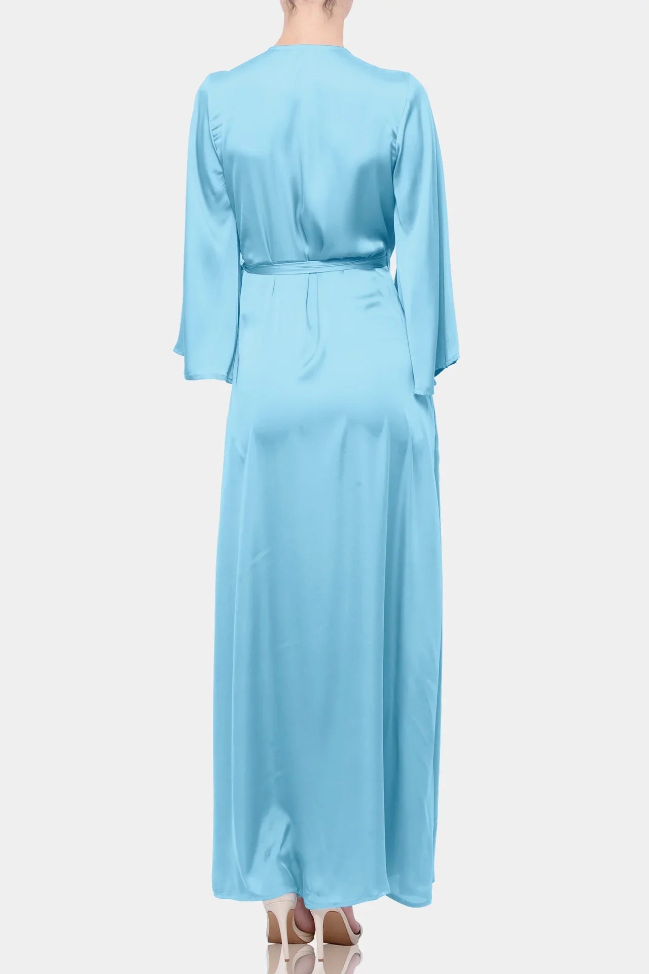 S Aqua Blue Satin Wrap Maxi Dress with Slit – Long Sleeve Evening Dress