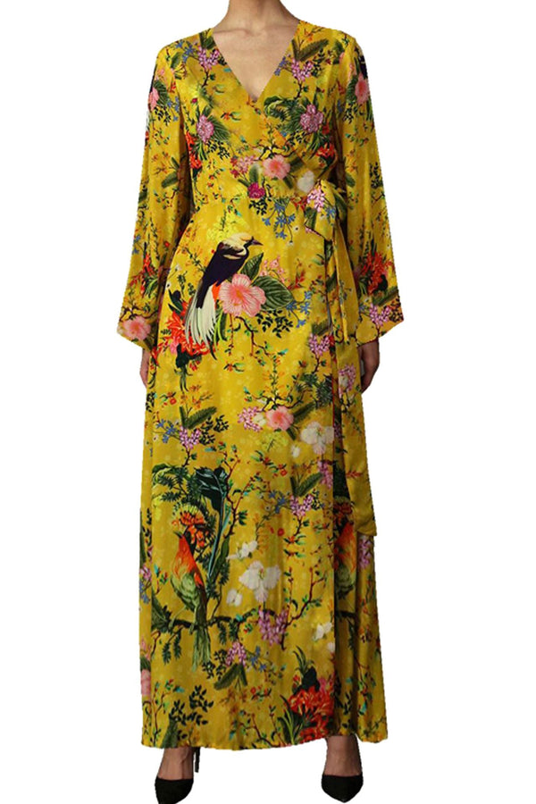 silk dress with long sleeves Kelandra Satin Collared V-Neck Long Sleeve Floor Length Dress