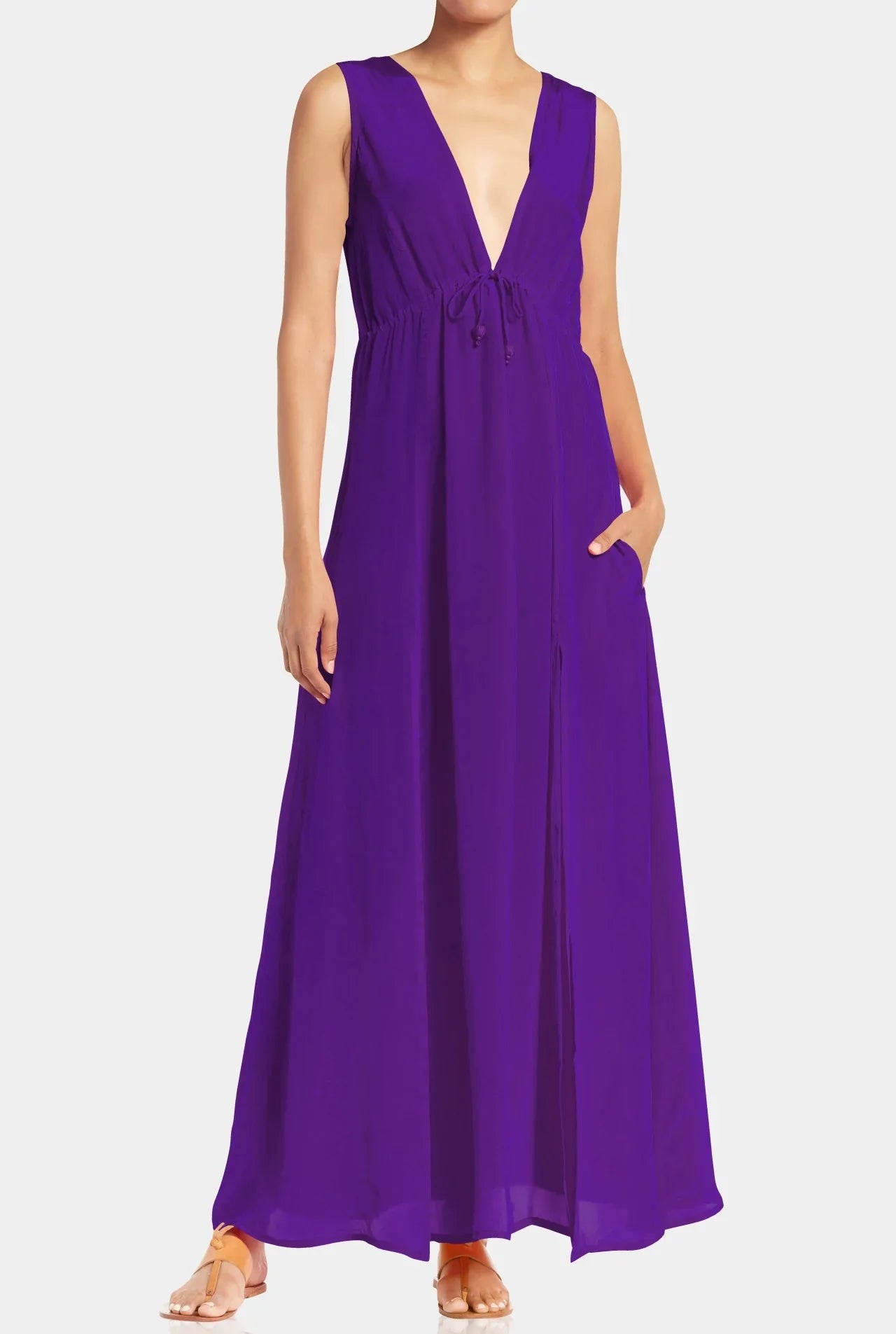 Designer Dark Purple Long Dress | Deep V Cut Dress