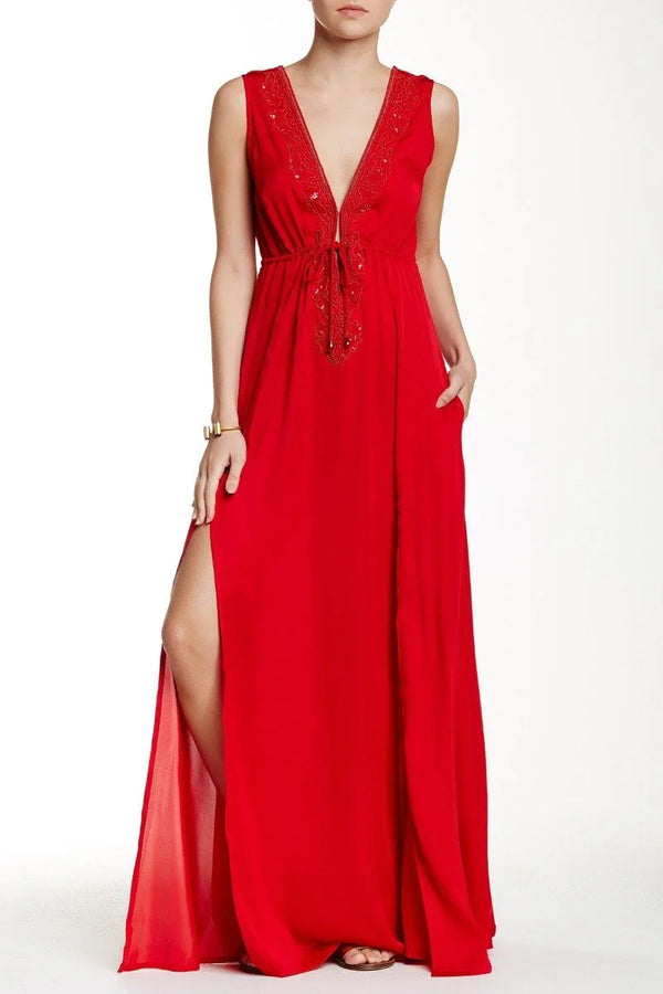 Designer Red Dress For Women | Plunging V Neckline | Shahida Parides Designer Red Dress For Women | Plunging V Neckline | Shahida Parides