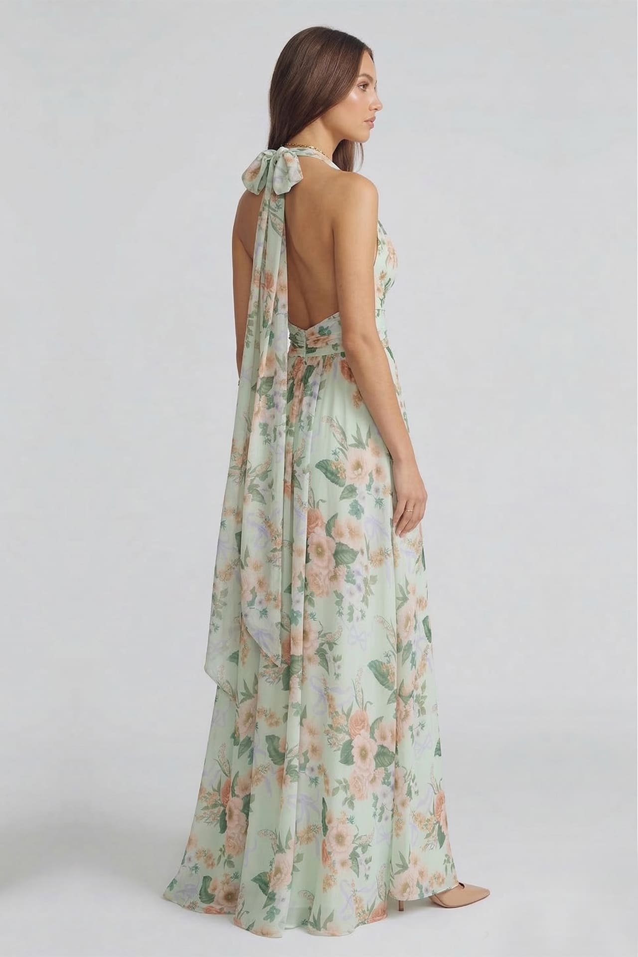 S Sage Floral Chiffon Halter Maxi Dress with Tie Back