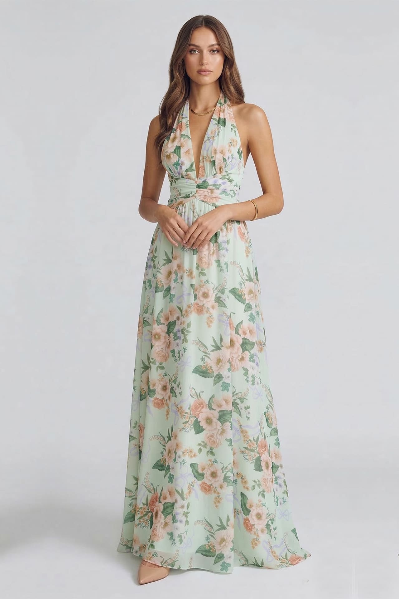 Sage Floral Chiffon Halter Maxi Dress V-Neck