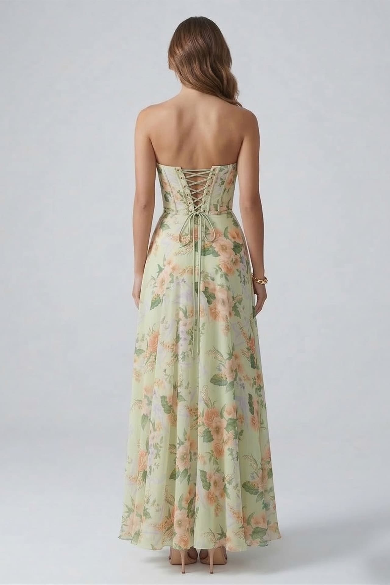 floral maxi dress corset S Sage Strapless Floral Print Chiffon Maxi Dress with Corset Back