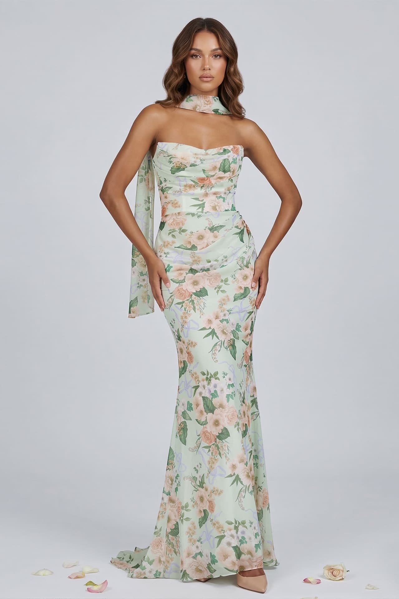 S Sage Strapless Floral Print Chiffon Maxi Dress with Corset Back S Sage Strapless Floral Print Chiffon Maxi Dress with Corset Back