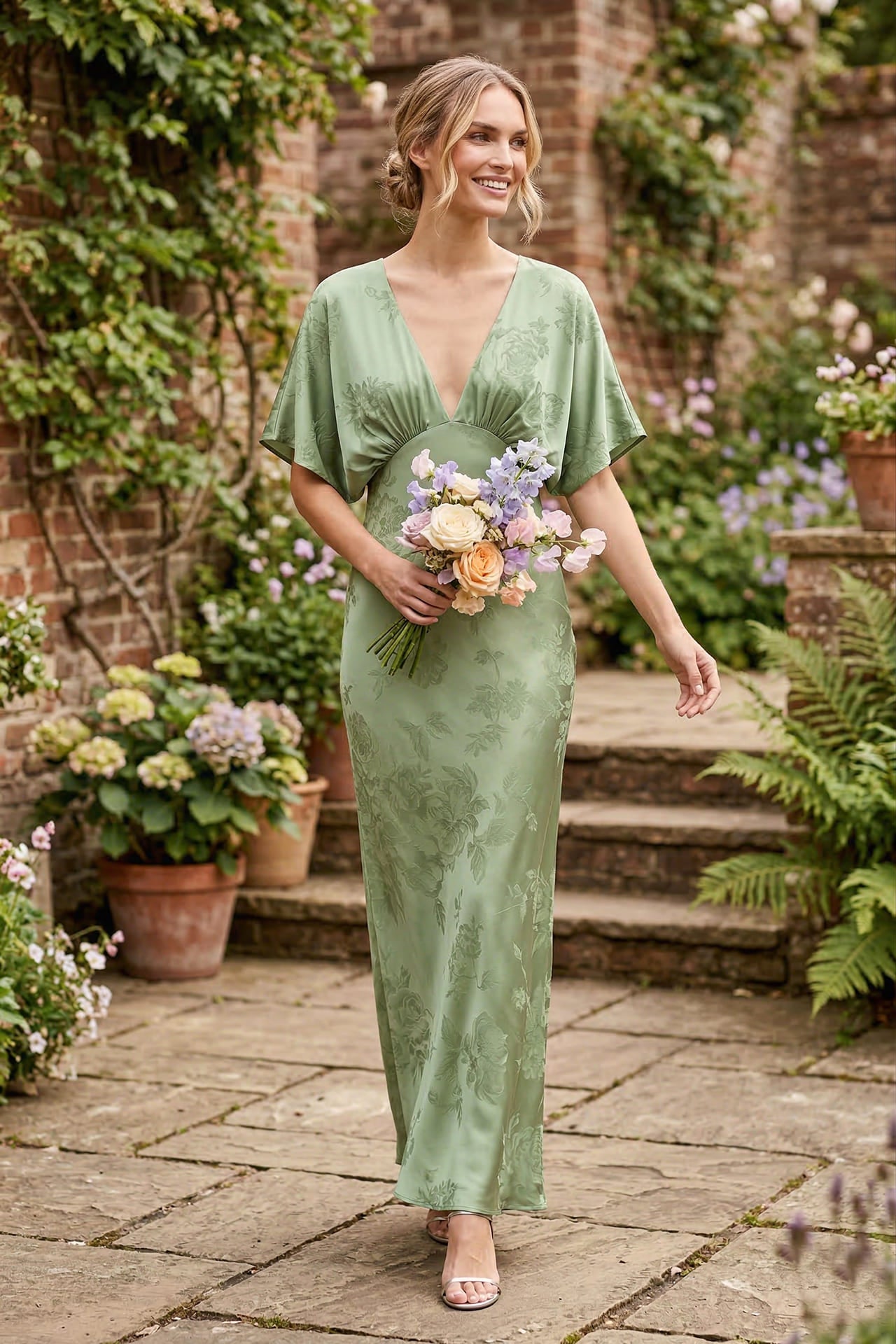 Sage Green Floral Satin Bridesmaid Dress | Bridal Party Dress