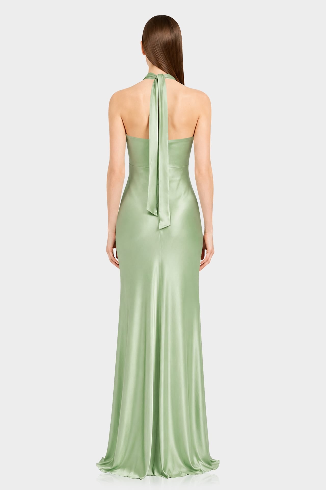S Sage Green Matte Satin Front Cut Out Halter Maxi Dress for Garden Weddings