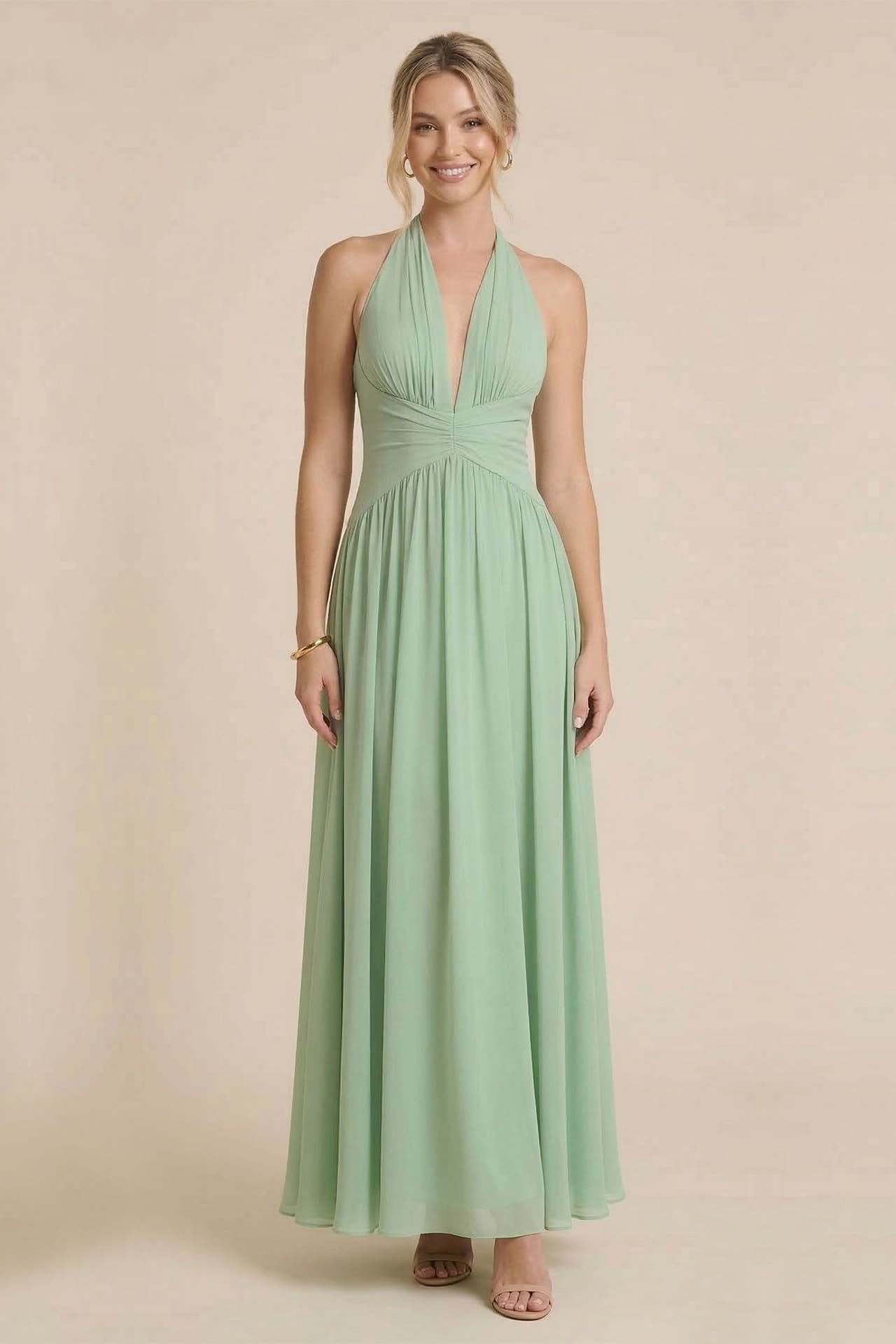 S Sage Green Halter V-Neck Chiffon Bridesmaid Maxi Dress  Floor Length  Formal Gown