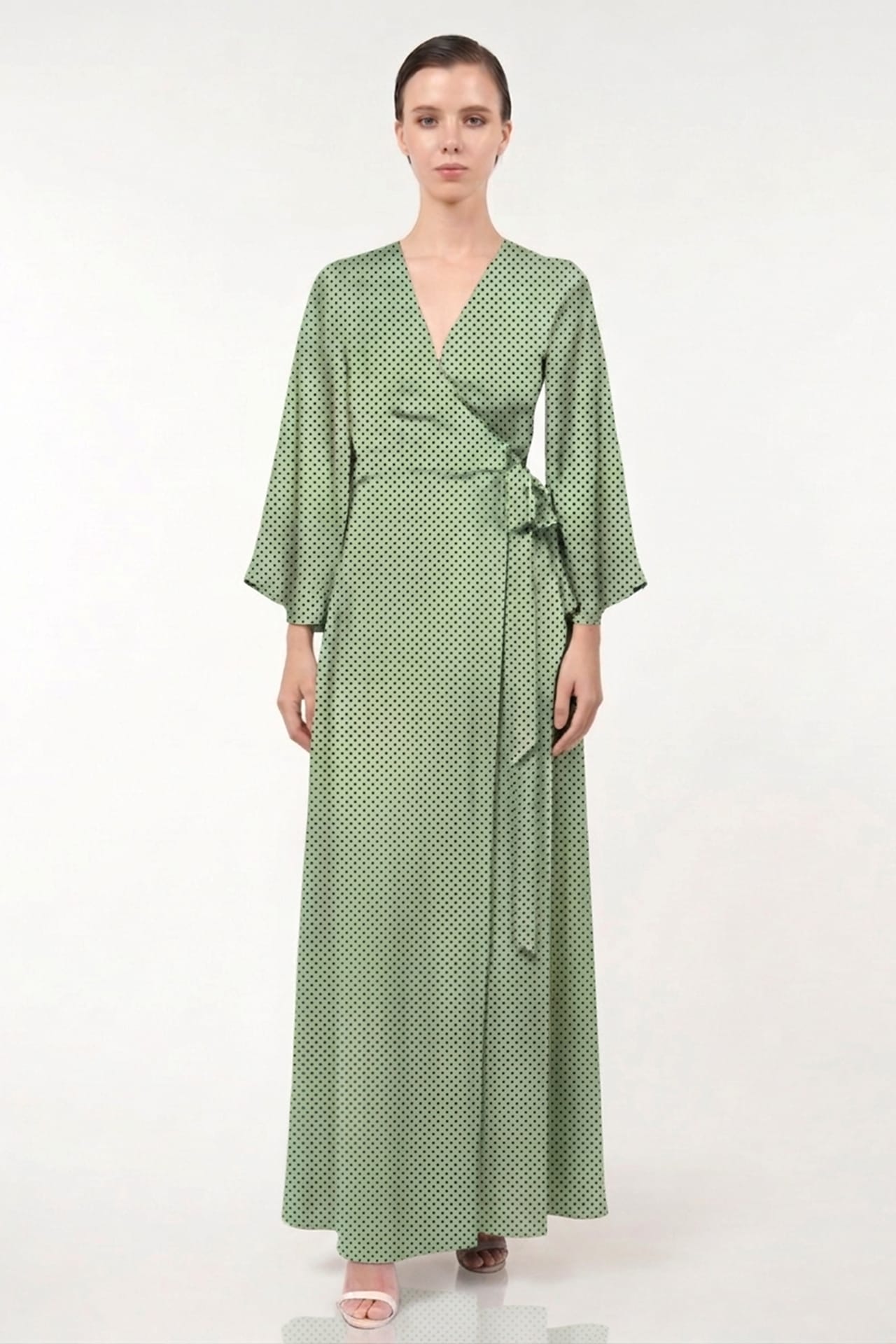 green polka dot wrap dress Standard / S Sage Green Polka Dot Satin V-Neck Wrap Maxi Dress with High Slit