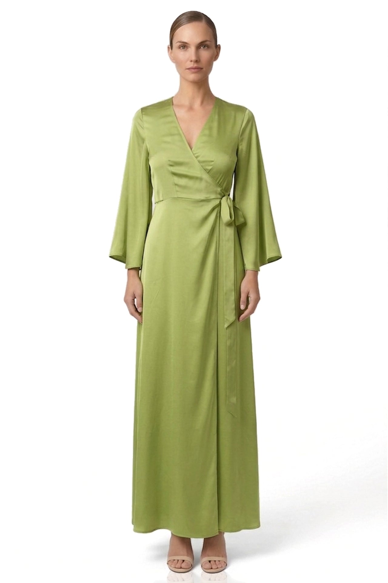 S Sage Green Satin Wrap Maxi Dress – Bridesmaid & Garden Wedding Dress