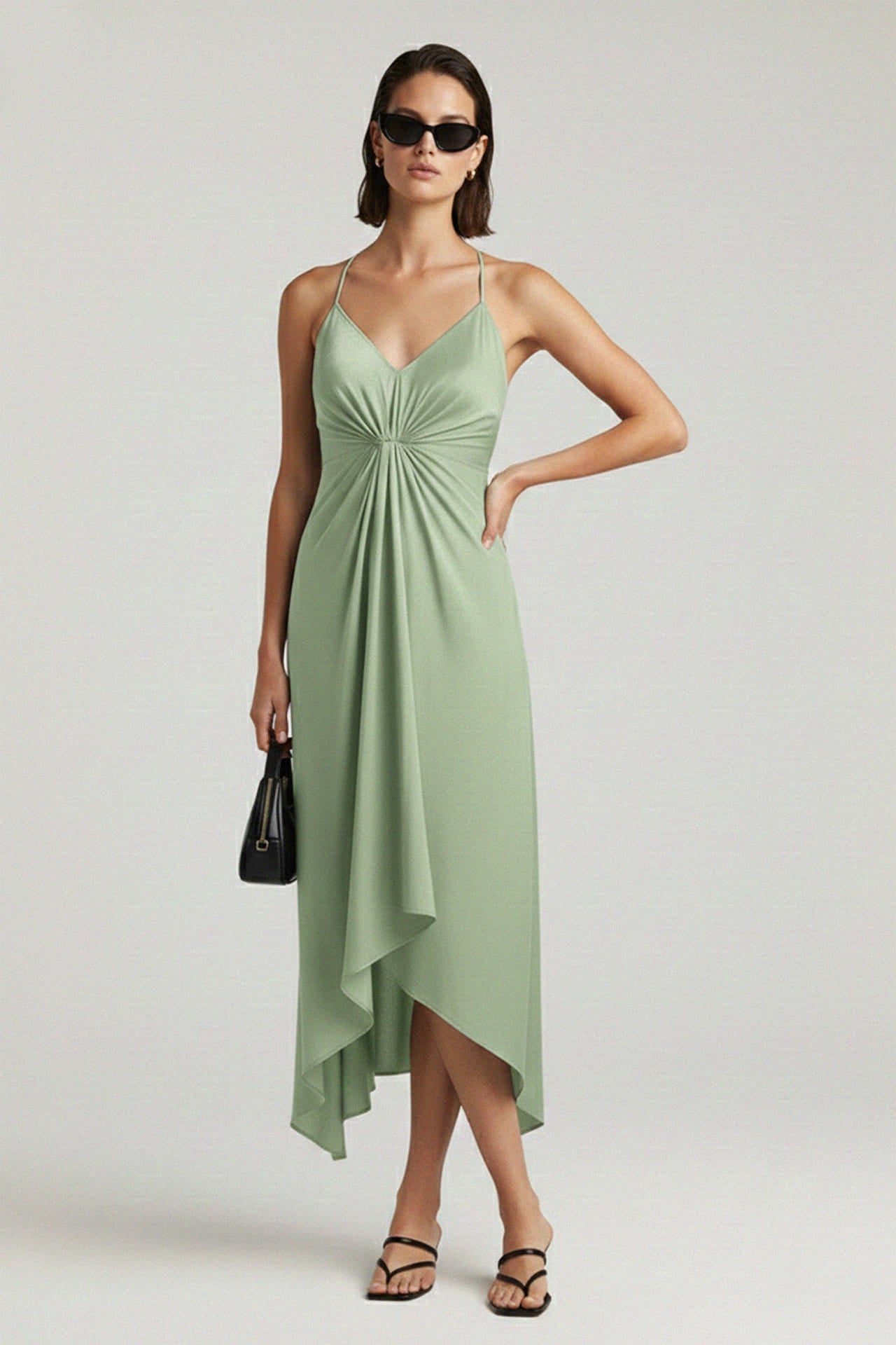 sage green scarf dress Amoris T816 Fitted Satin Gown with Mirrored Sweetheart Neck and Scarf Sage / M main image 1