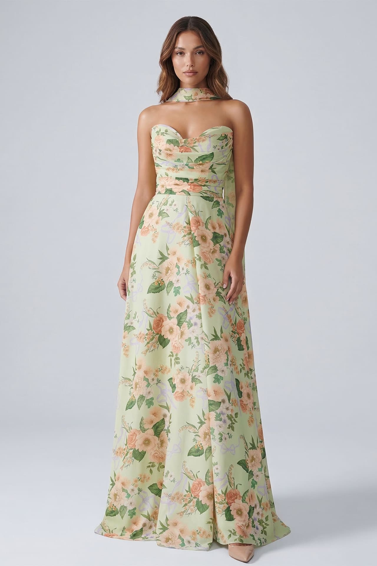 floral sage maxi dress S Sage Strapless Floral Print Chiffon Maxi Dress with Corset Back