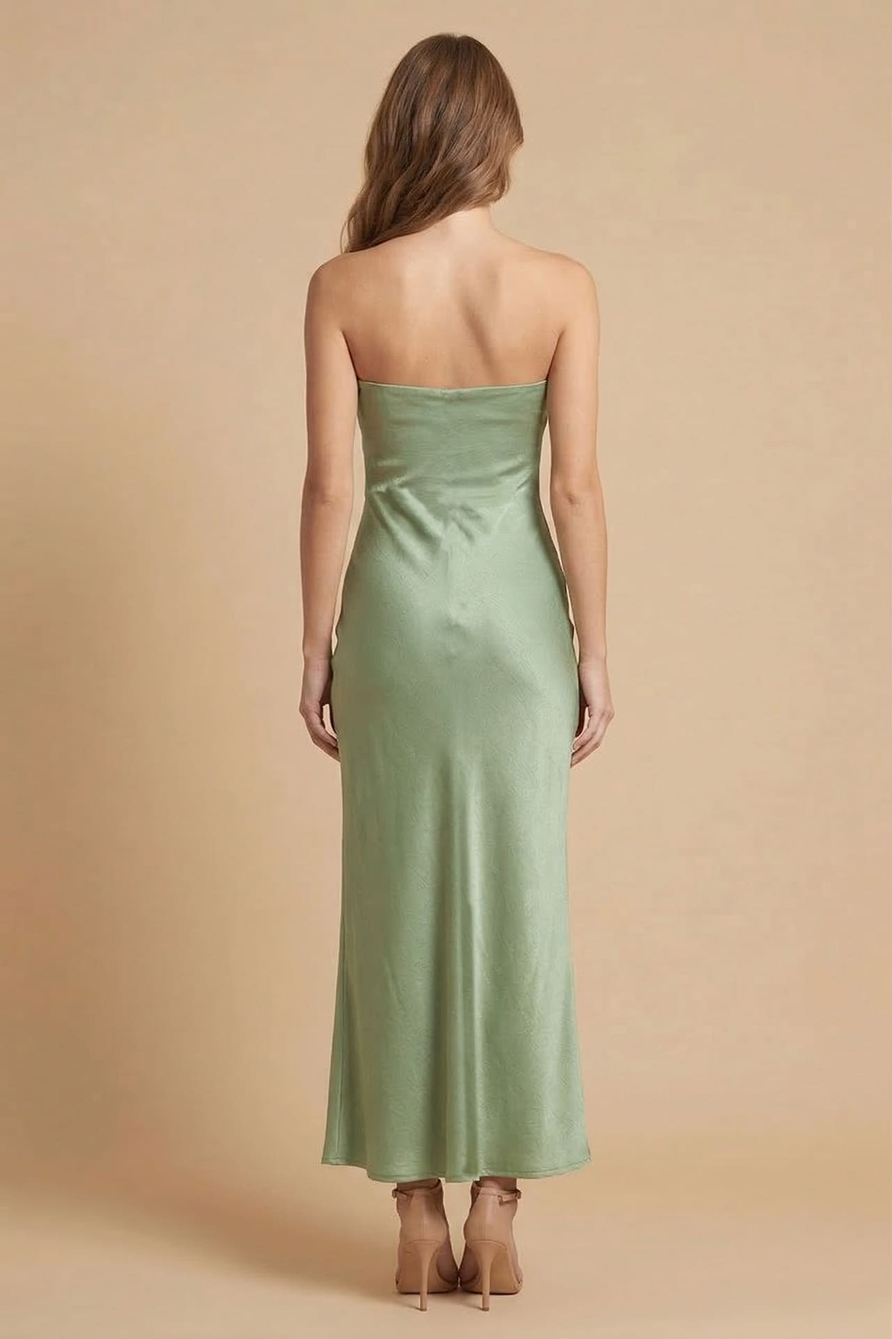 S Sage Satin Strapless Midi Dress for Wedding Guest S Sage Satin Strapless Midi Dress for Wedding Guest